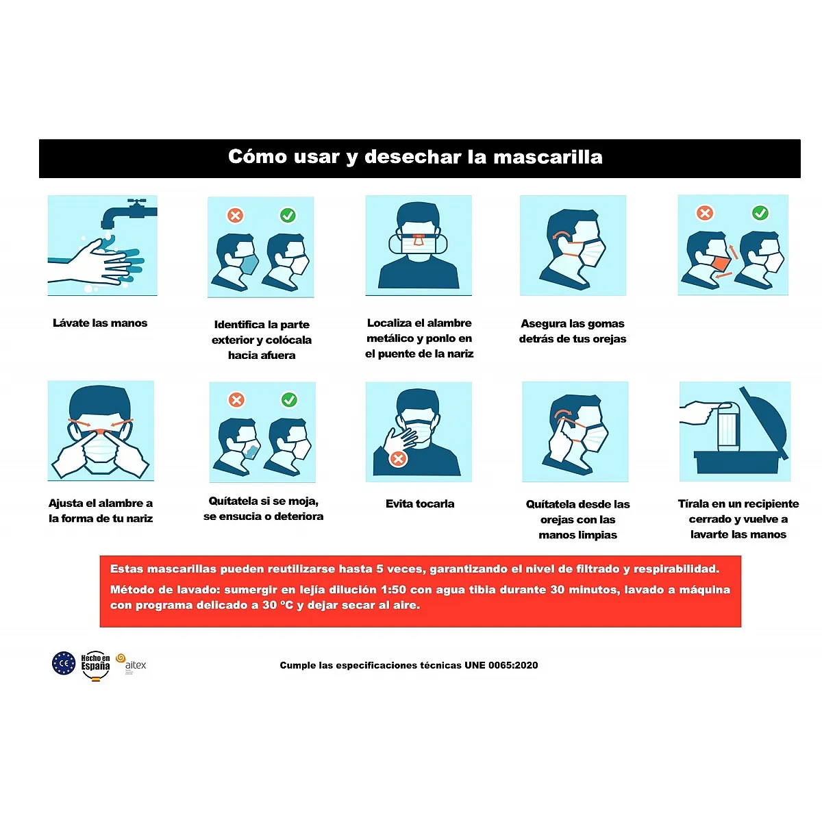 20 REUSABLE HYGIENIC MASKS FOR CHILDREN. 98% FILTRATION