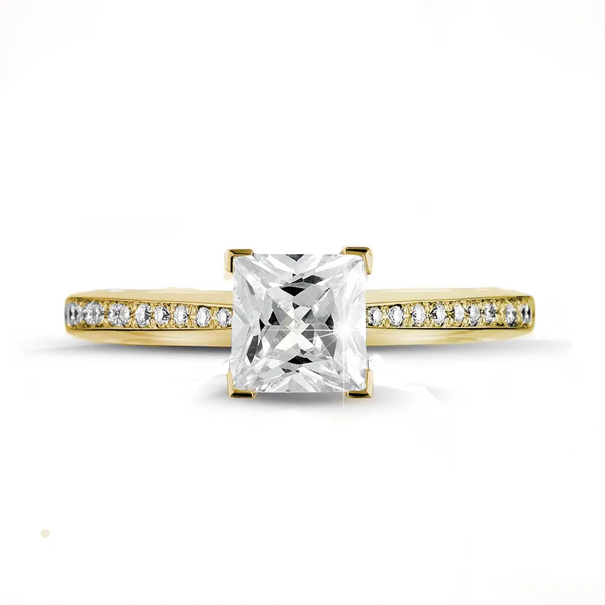 2.00 quilates anillo solitario en oro amarillo con diamante talla princesa y diamantes laterales 