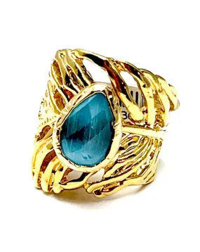 ANILLOS DORADOS GRANDES CON PIEDRA AZUL DISEÑO DE HOJA