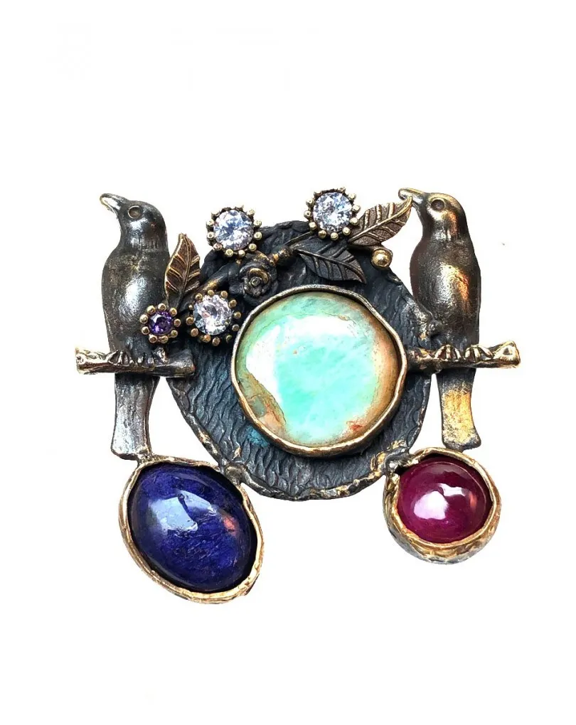 ANILLOS MUJER GRANDES Y ORIGINALES, ESPECTACULAR DISEÑO CON PAREJA DE AVES Y PIEDRAS NATURALES, PIEZAS UNICAS
