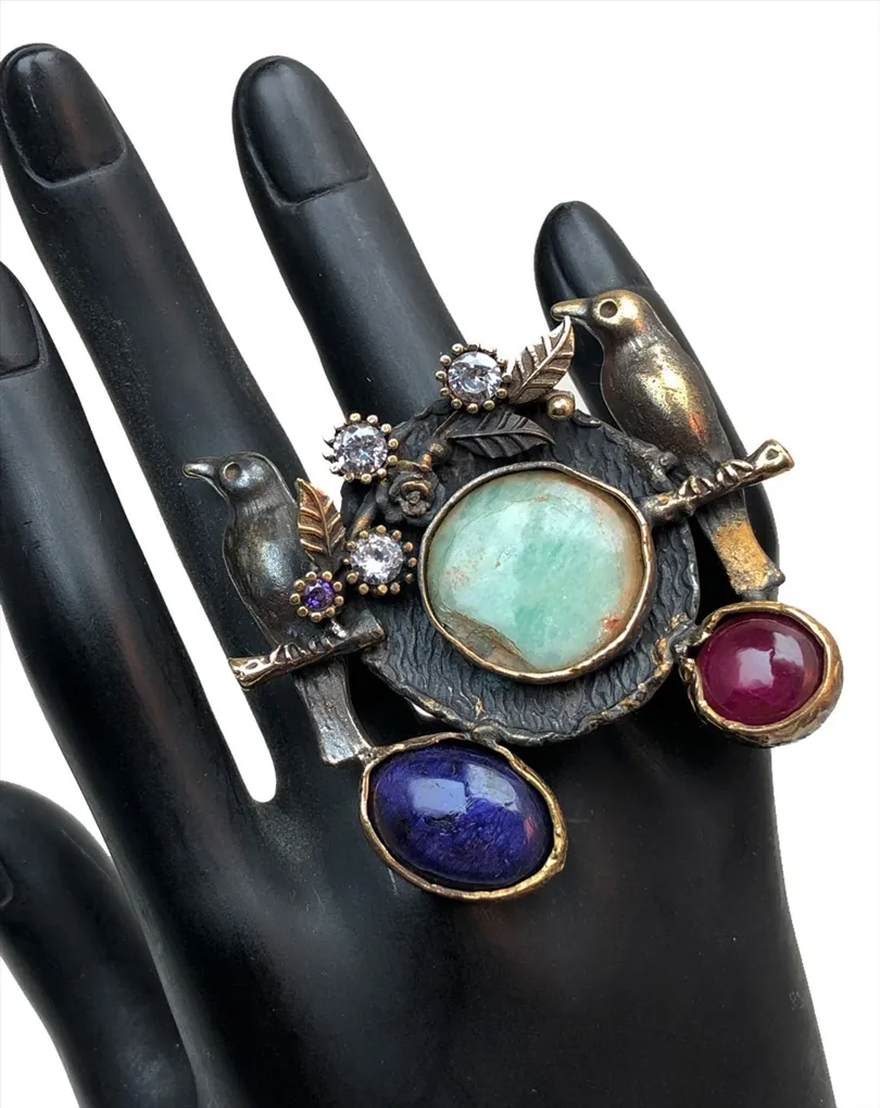 ANILLOS MUJER GRANDES Y ORIGINALES, ESPECTACULAR DISEÑO CON PAREJA DE AVES Y PIEDRAS NATURALES, PIEZAS UNICAS