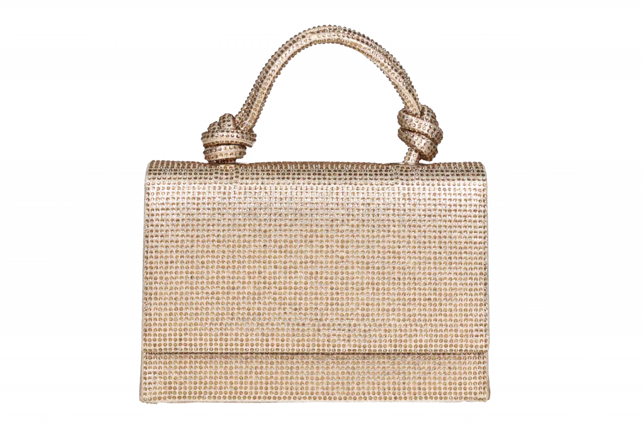 Bolso Mano Dorado Strass Tapa Asa Nudos