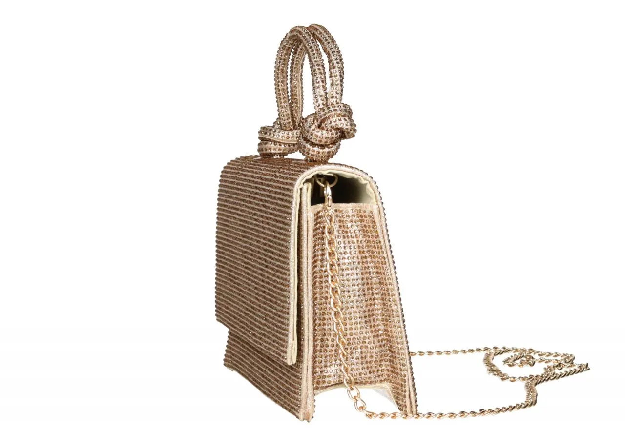 Bolso Mano Dorado Strass Tapa Asa Nudos