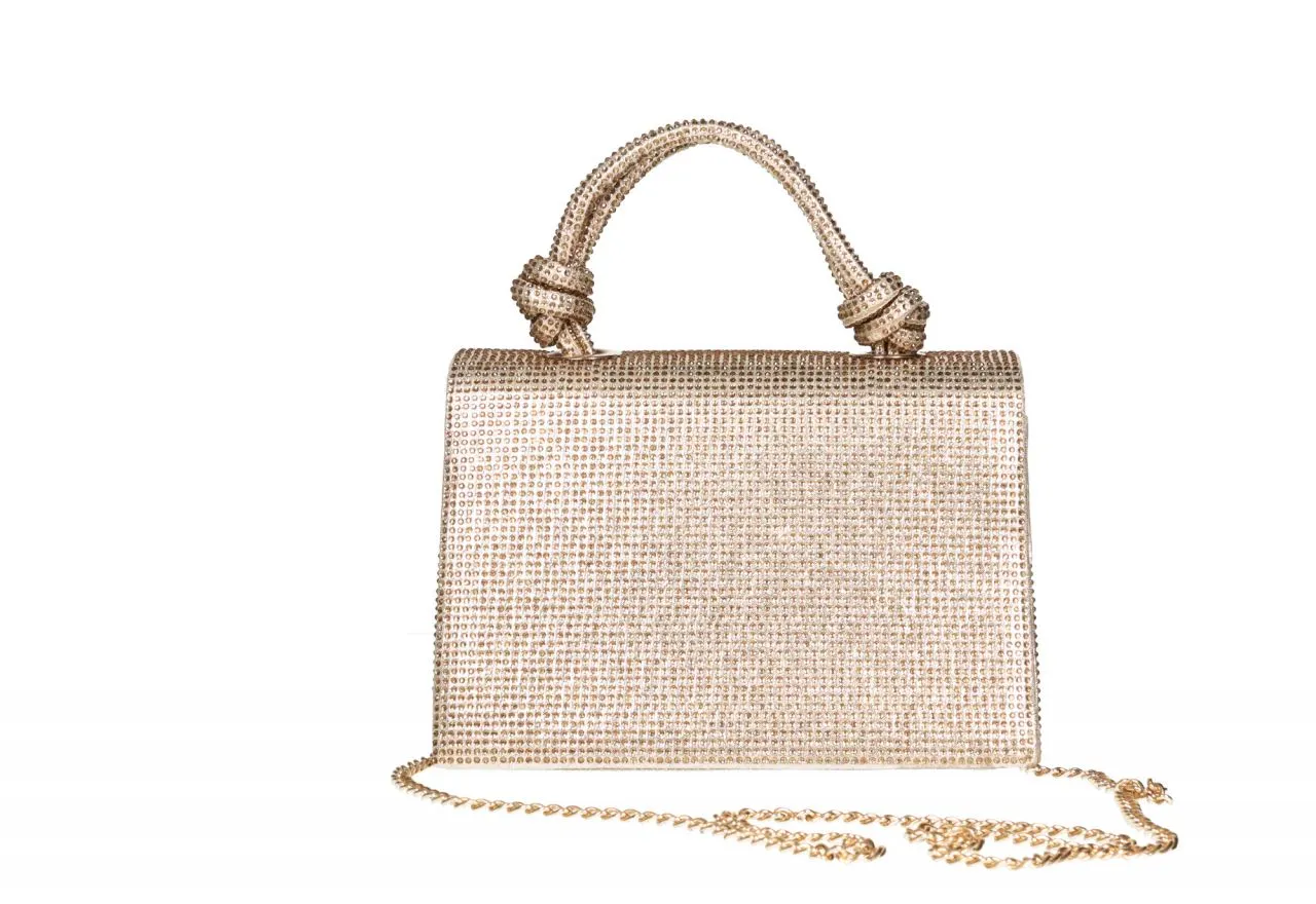 Bolso Mano Dorado Strass Tapa Asa Nudos