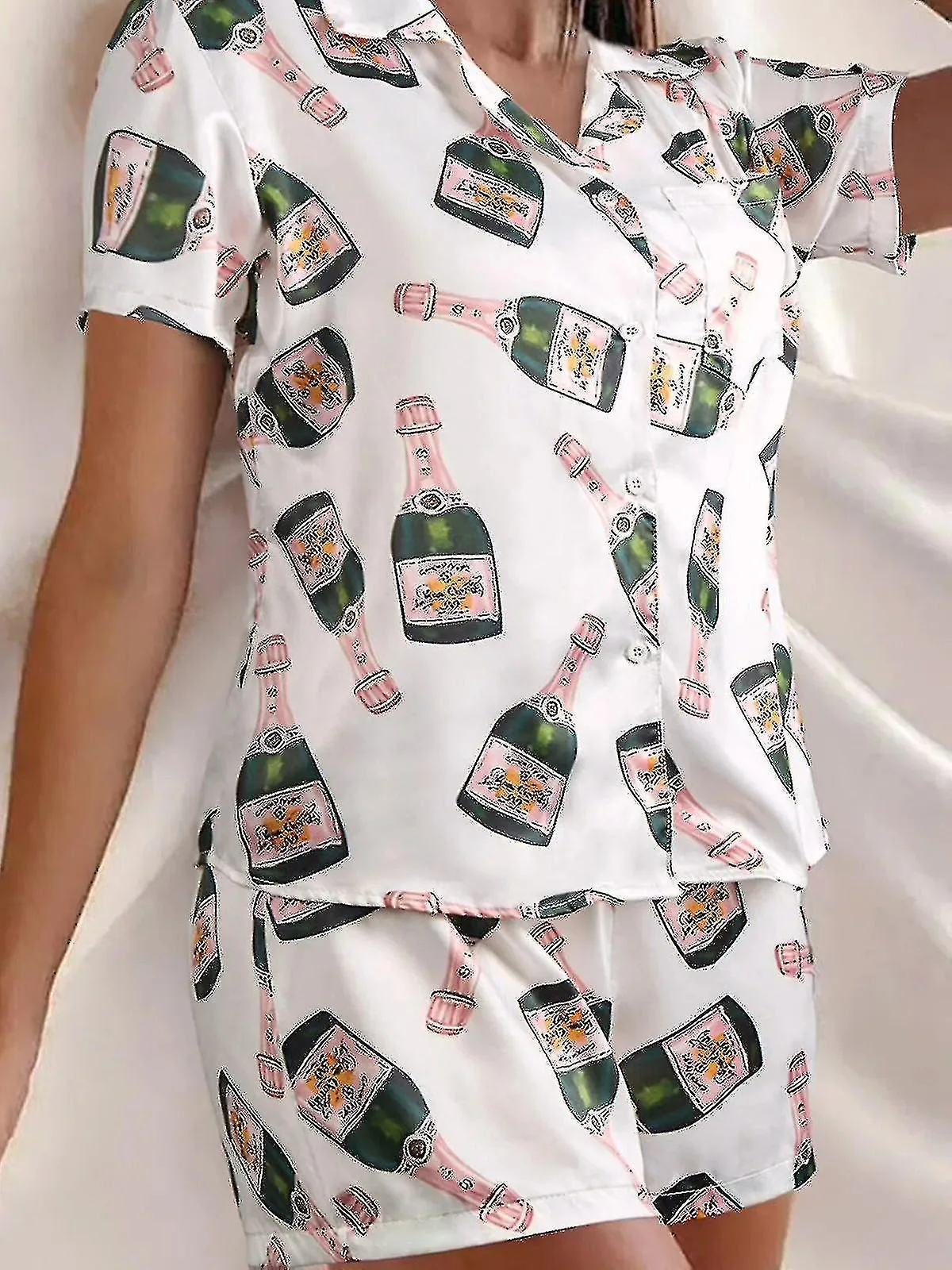 Botellas de champán Conjunto de pijama de botón Mujer Estampado Manga Corta 2 Piezas Suave Suelto Casual Ropa de dormir Cómoda R