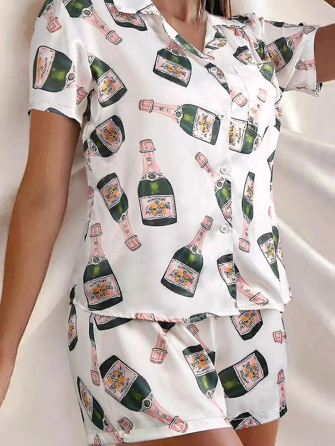 Botellas de champán Conjunto de pijama de botón Mujer Estampado Manga Corta 2 Piezas Suave Suelto Casual Ropa de dormir