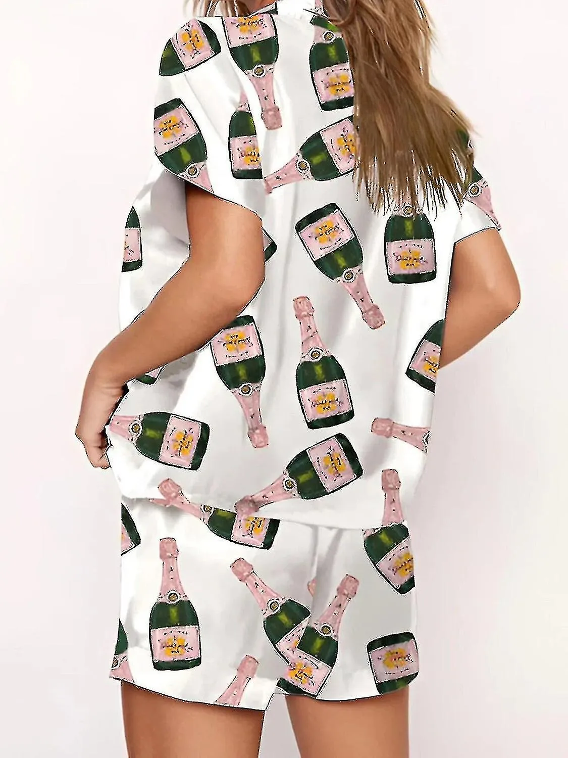 Botellas de champán Conjunto de pijama de botón Mujer Estampado Manga Corta 2 Piezas Suave Suelto Casual Ropa de dormir