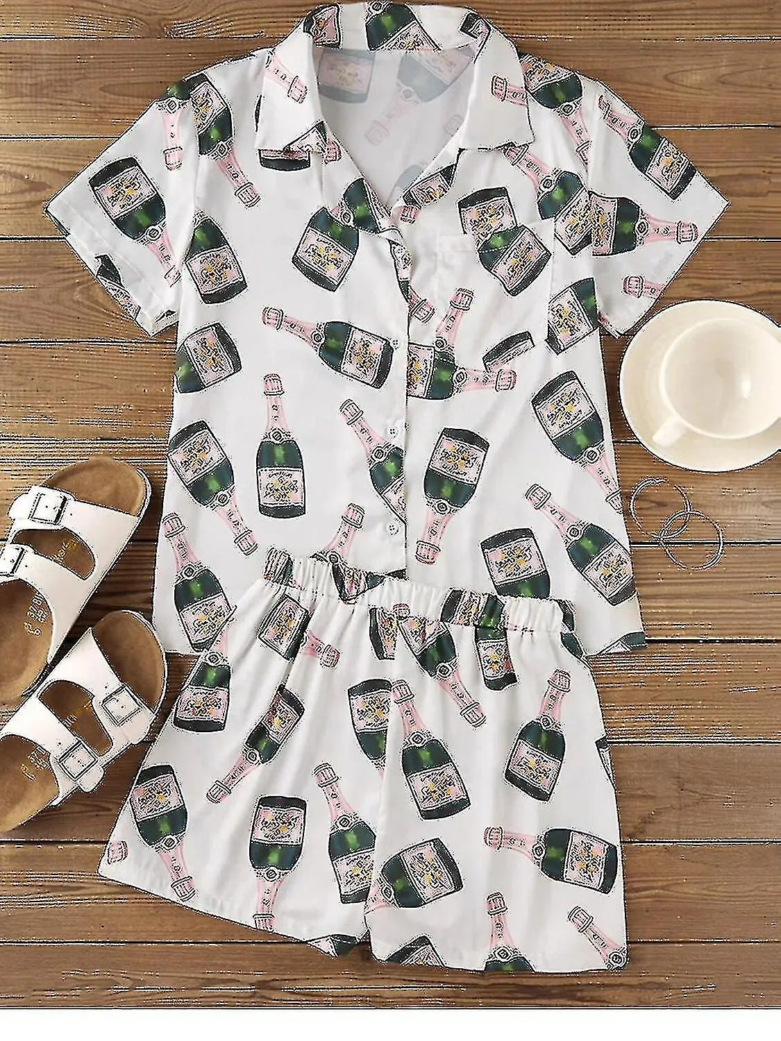 Botellas de champán Conjunto de pijama de botón Mujer Estampado Manga Corta 2 Piezas Suave Suelto Casual Ropa de dormir