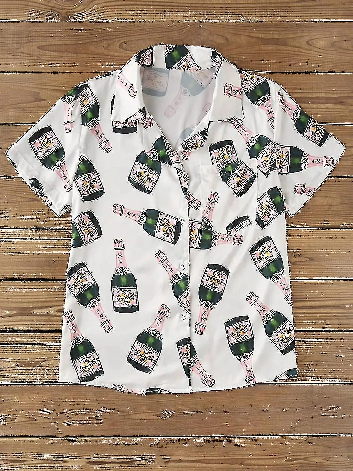 Botellas de champán Conjunto de pijama de botón Mujer Estampado Manga Corta 2 Piezas Suave Suelto Casual Ropa de dormir