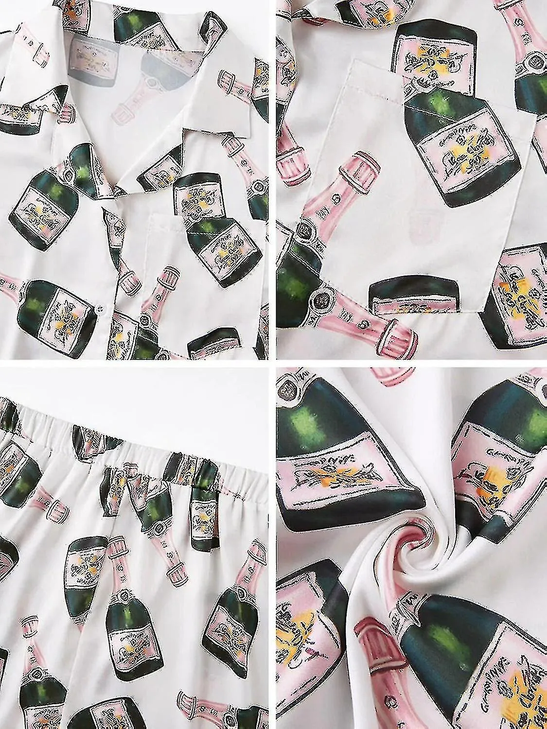 Botellas de champán Conjunto de pijama de botón Mujer Estampado Manga Corta 2 Piezas Suave Suelto Casual Ropa de dormir