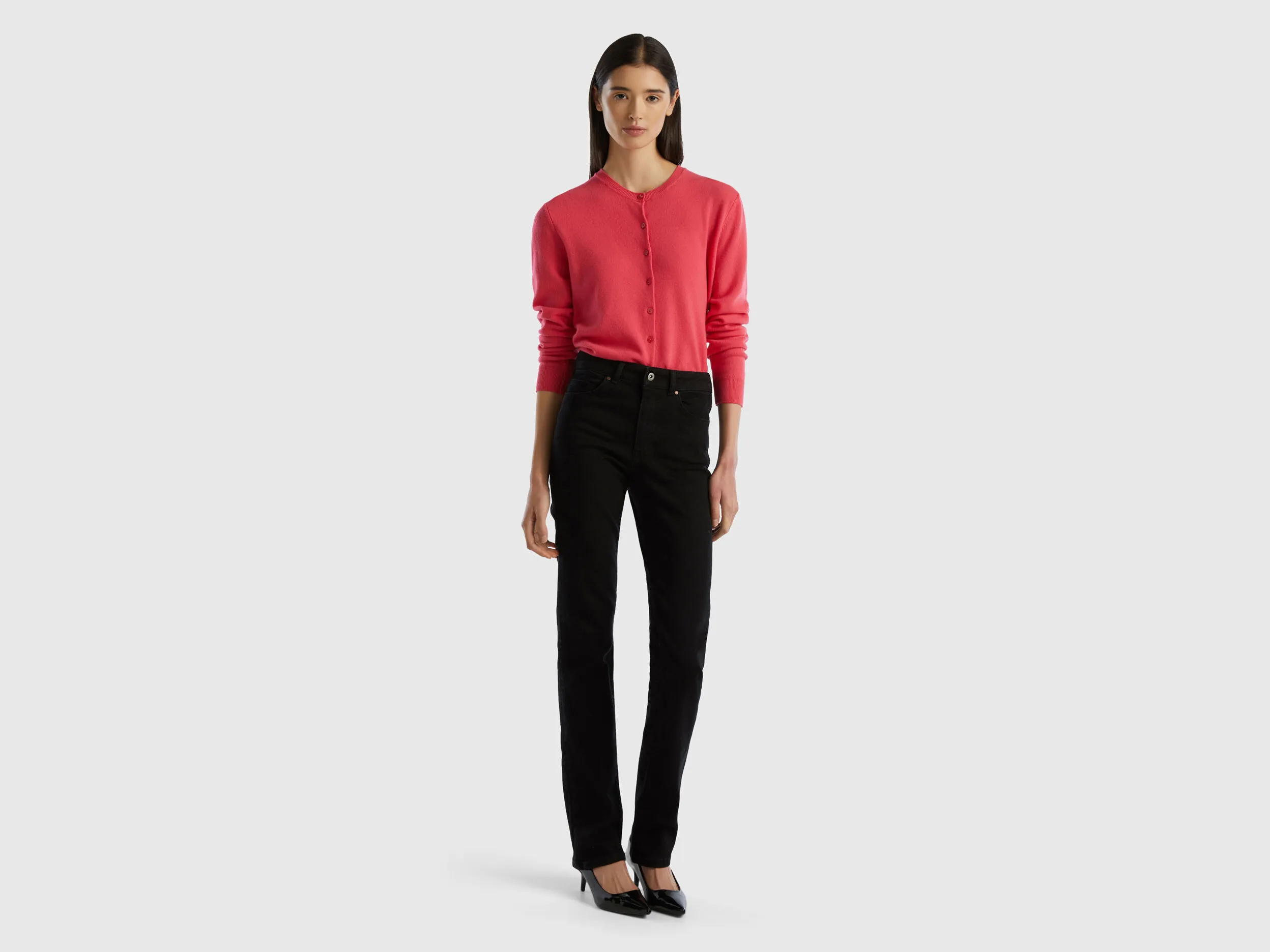 Cárdigan de cuello redondo fucsia de pura lana merina