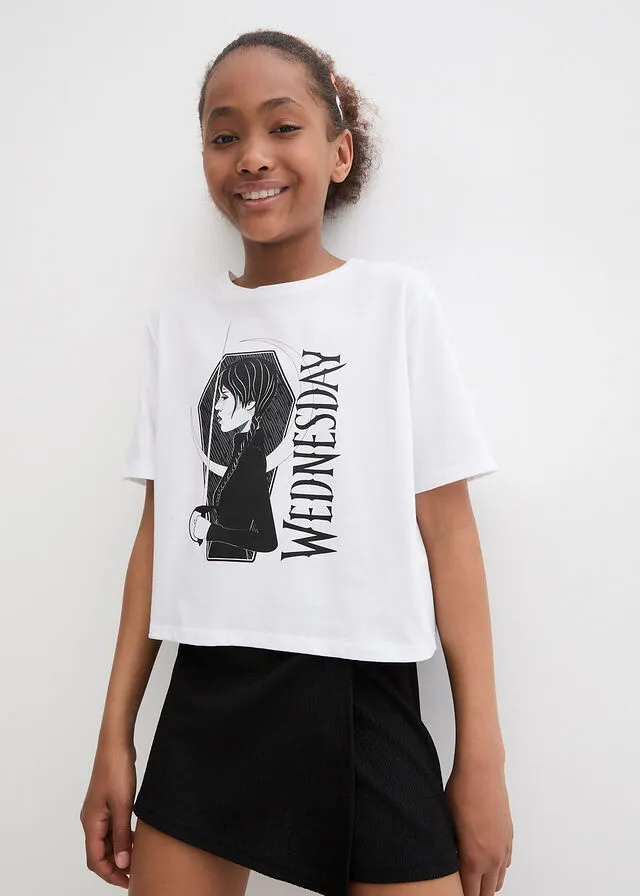 CAMISETA WEDNESDAY PARA NIñAS DE ALGODóN ORGáNICO BLANCONEGRO