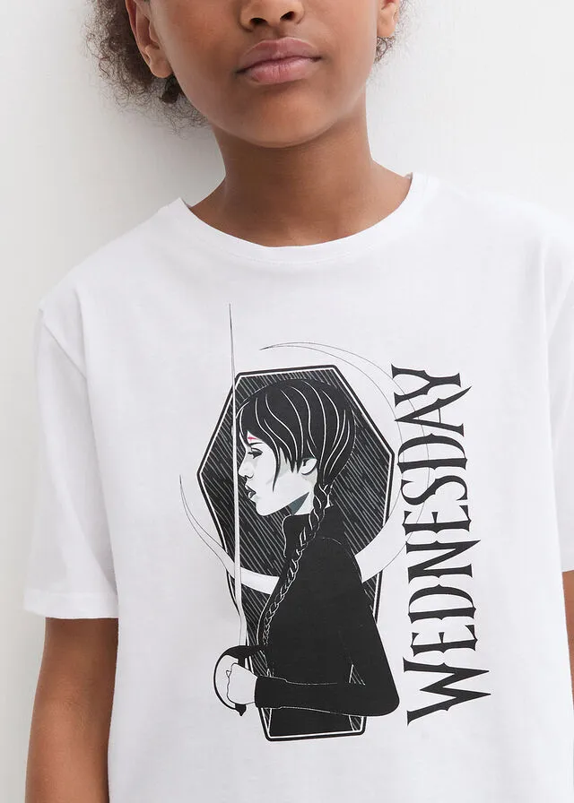 CAMISETA WEDNESDAY PARA NIñAS DE ALGODóN ORGáNICO BLANCONEGRO