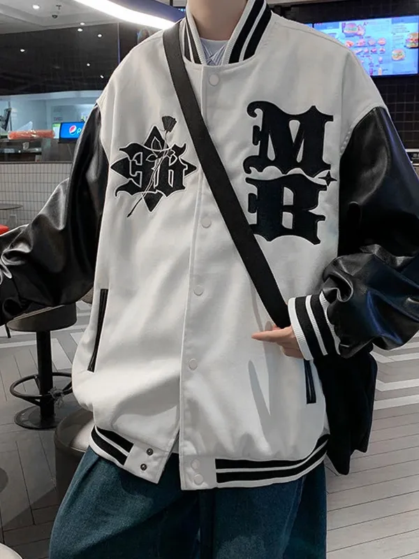 Chaqueta de empalme de cuero con bordado Hip Pop para hombre