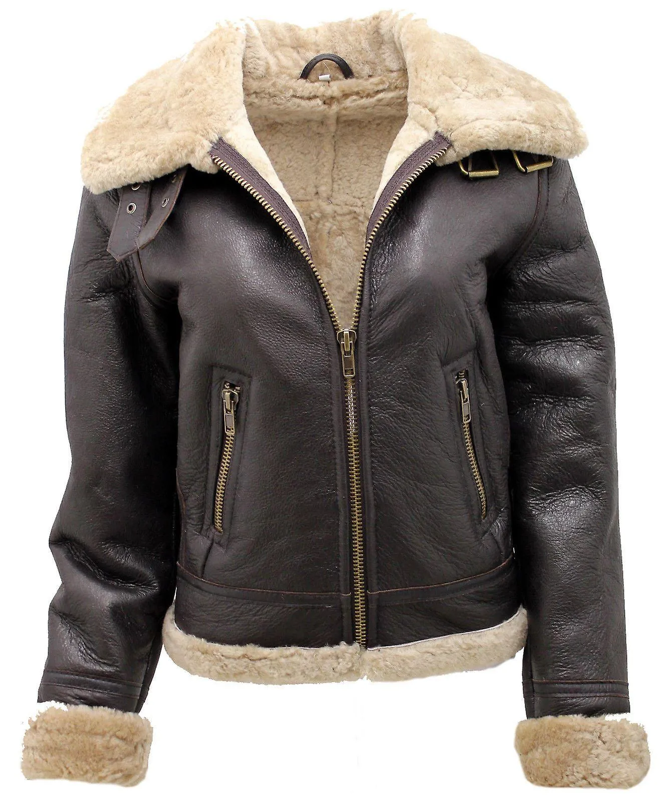 Chaqueta voladora de cuero de piel de oveja marrón B3 para mujer