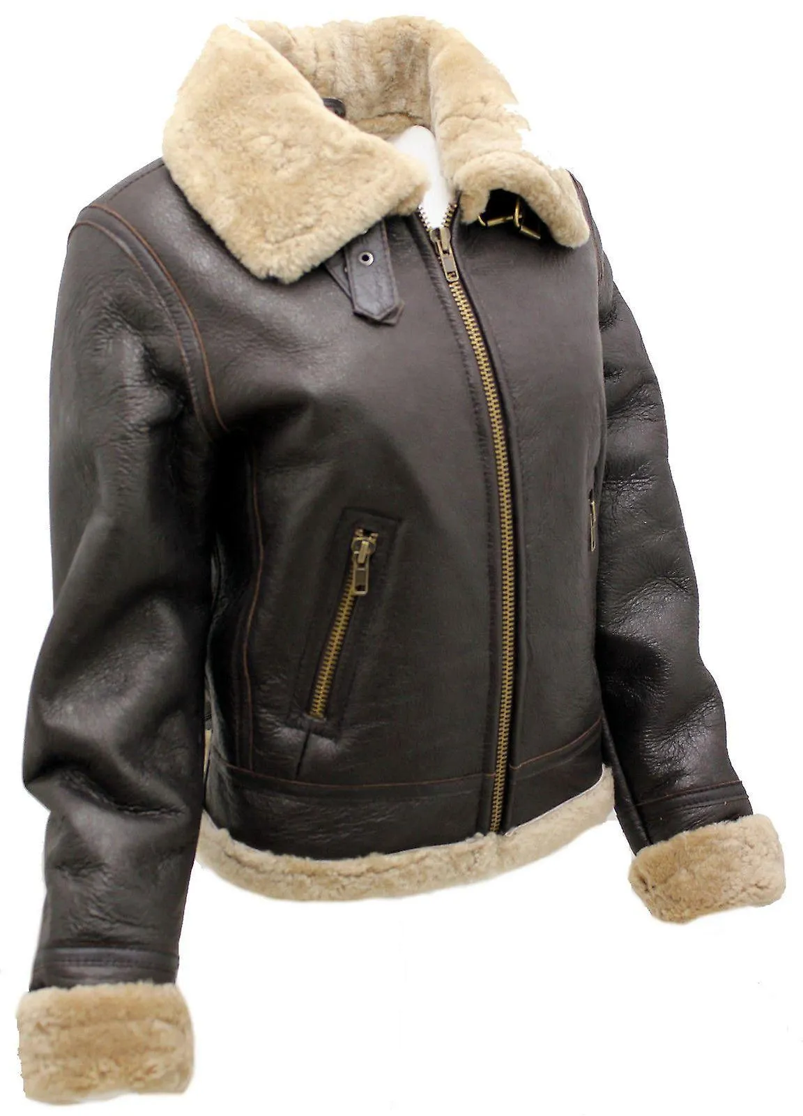 Chaqueta voladora de cuero de piel de oveja marrón B3 para mujer