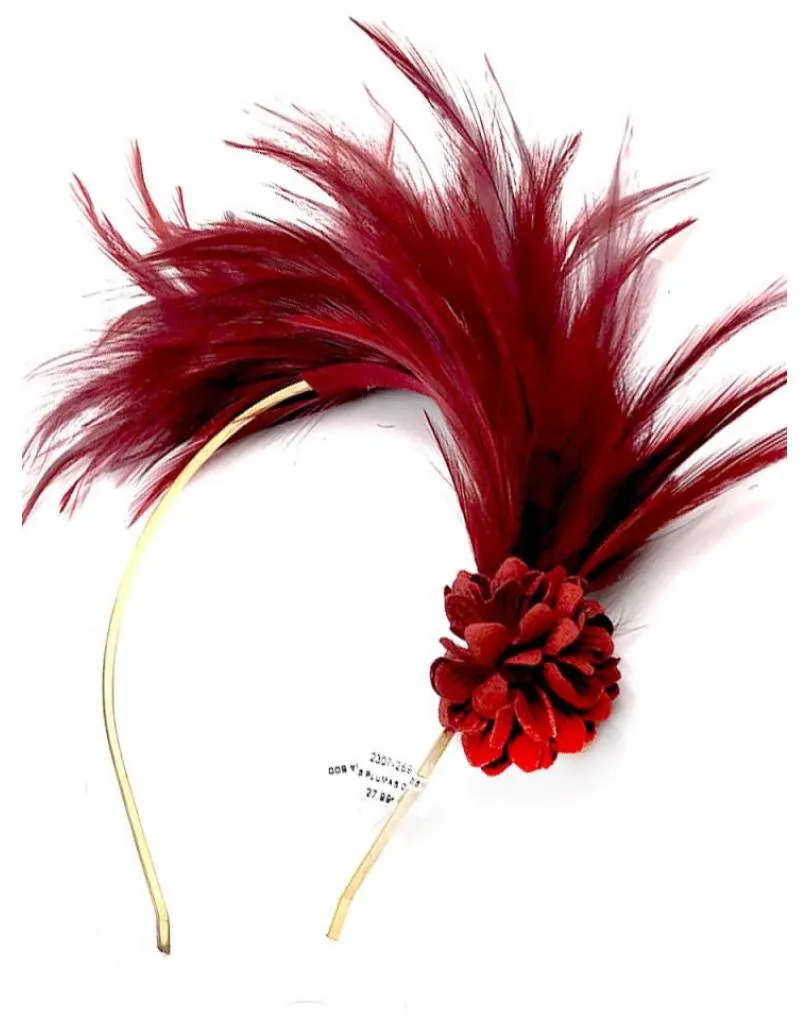 DIADEMAS BODA DE PLUMAS GRANATE Y VINO DISEÑO VINTAGE