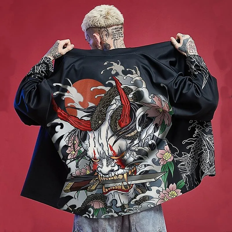 Kimono Hombre Ropa Japonesa Yukata Masculino Samurai Disfraz Haori Obi Beach Hombre Kimono Cardigan Chaqueta japonesa de streetw