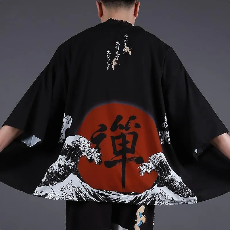 Kimono Hombre Ropa Japonesa Yukata Masculino Samurai Disfraz Haori Obi Beach Hombre Kimono Cardigan Chaqueta japonesa de streetw