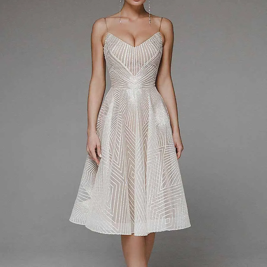 Moda Cuello V Cabestrillo Vestido de línea A Sexy Slip sin espalda bordado vestidos midi Elegante invitado de boda de lujo Fiest