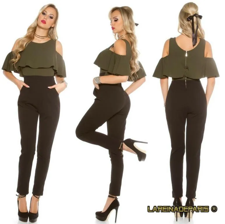 Mono de moda con volados verde militar