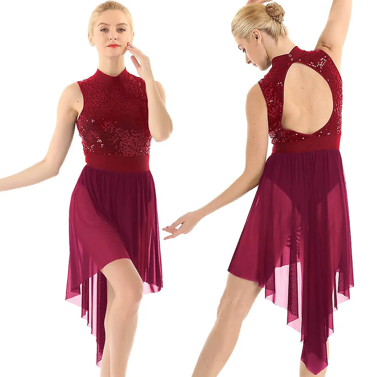Otwoo Shiny Lentejuelas Baile de Salón Vals Vestidos Para Prom Mujeres Adulto Leotardo Bodysuit Moderno Práctica Ropa Ballet Lír