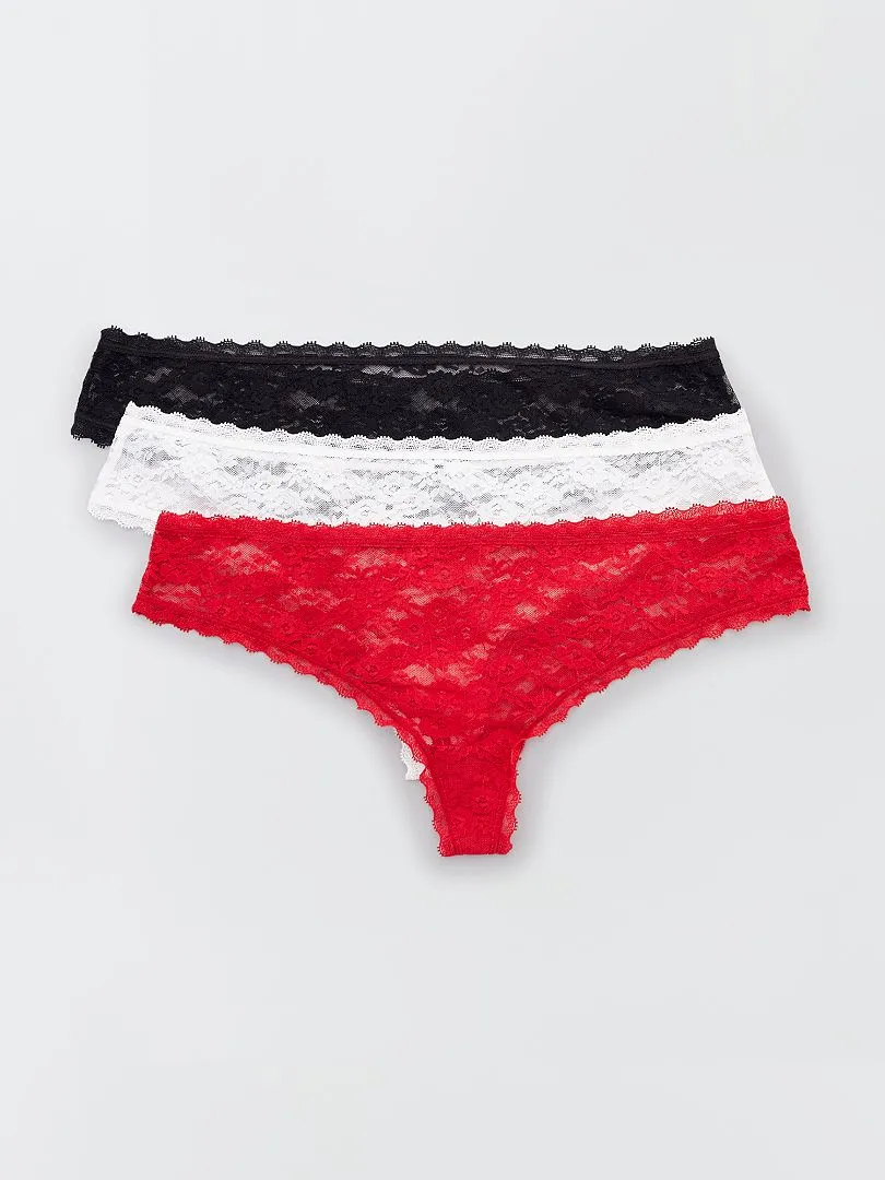 PACK DE 3 TANGAS DE ENCAJE  CRUDO/ROJO/NEGRO