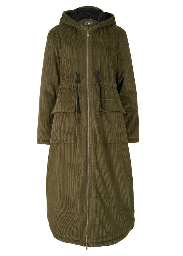 Parka de pana con capucha de pelo, pasacordón y bolsillos grandes Oliva