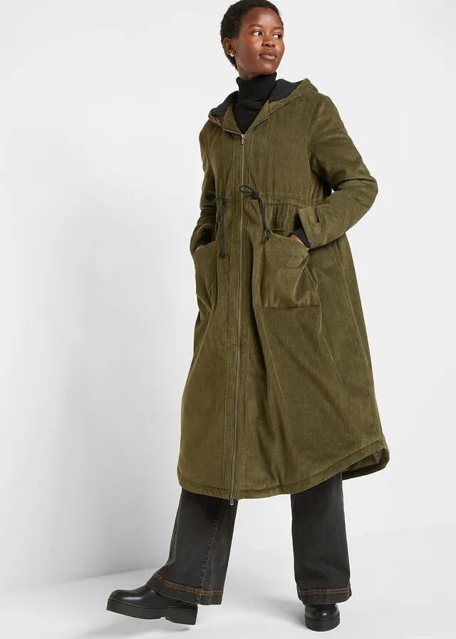 Parka de pana con capucha de pelo, pasacordón y bolsillos grandes Oliva