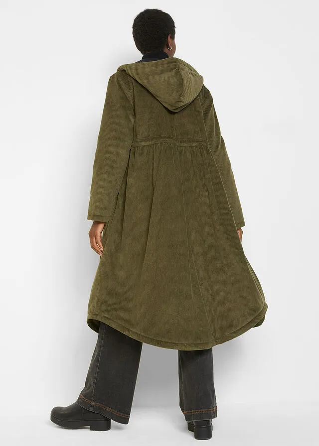 Parka de pana con capucha de pelo, pasacordón y bolsillos grandes Oliva