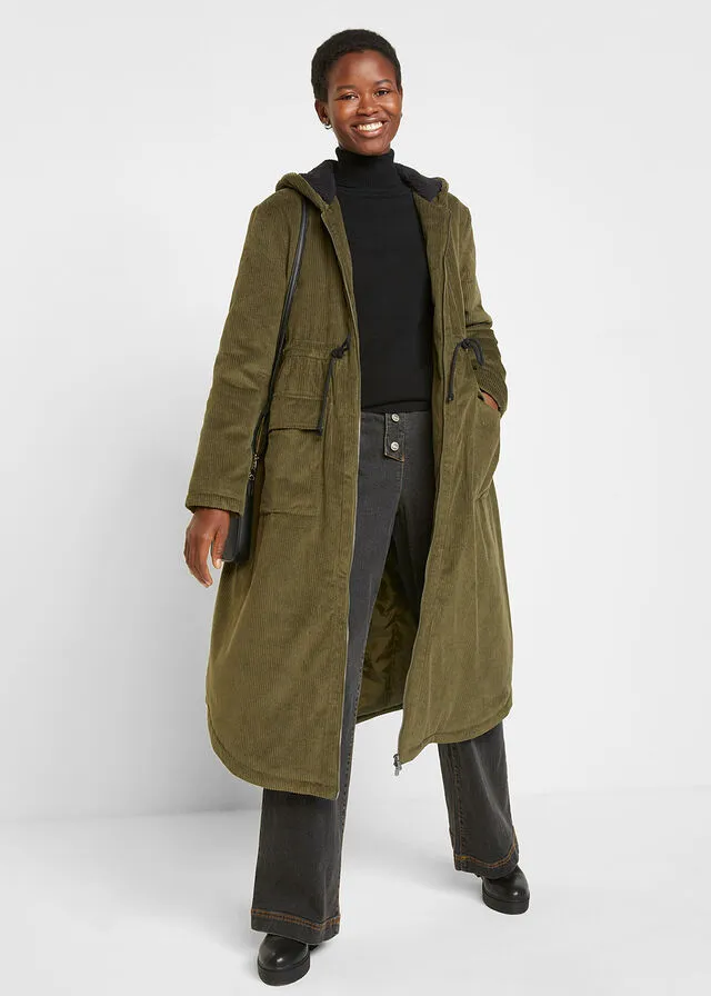 Parka de pana con capucha de pelo, pasacordón y bolsillos grandes Oliva
