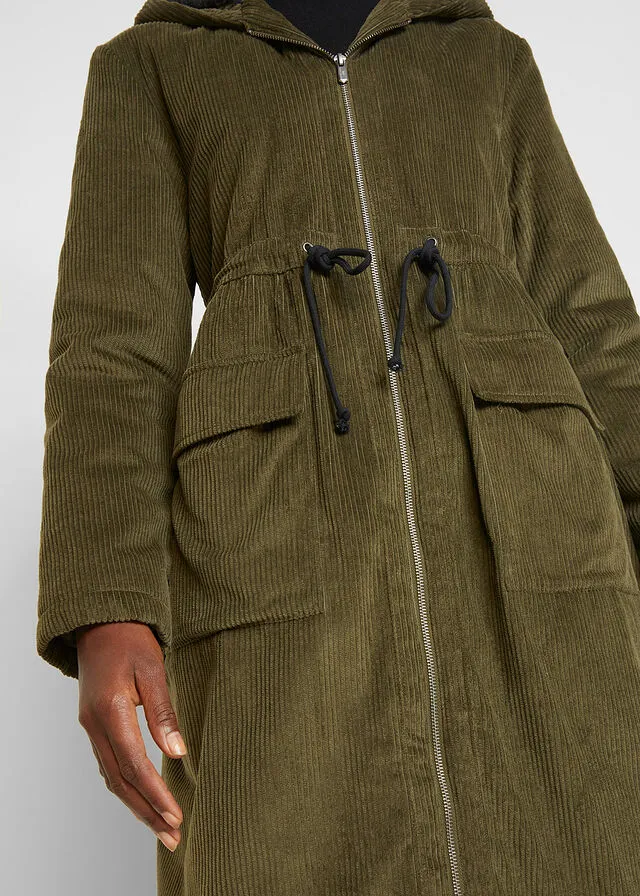 Parka de pana con capucha de pelo, pasacordón y bolsillos grandes Oliva