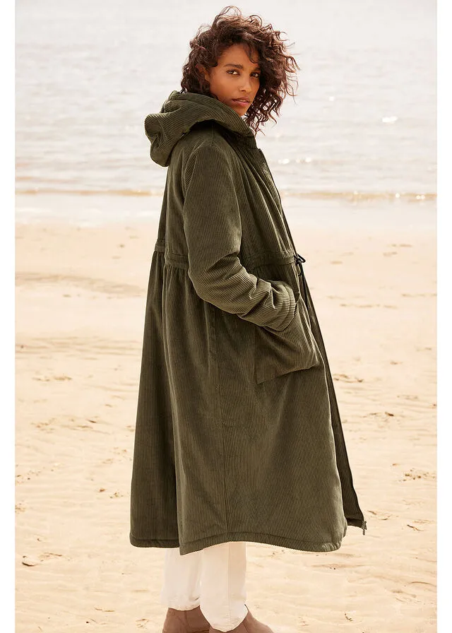 Parka de pana con capucha de pelo, pasacordón y bolsillos grandes Oliva