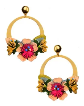 PENDIENTES DE AROS GRANDES CON FLORES ROSAS Y FUCSIAS