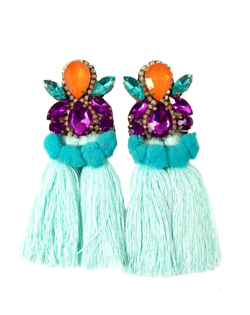 PENDIENTES DE MODA CON FLECOS, POMPONES TONOS MORADOS Y VERDE
