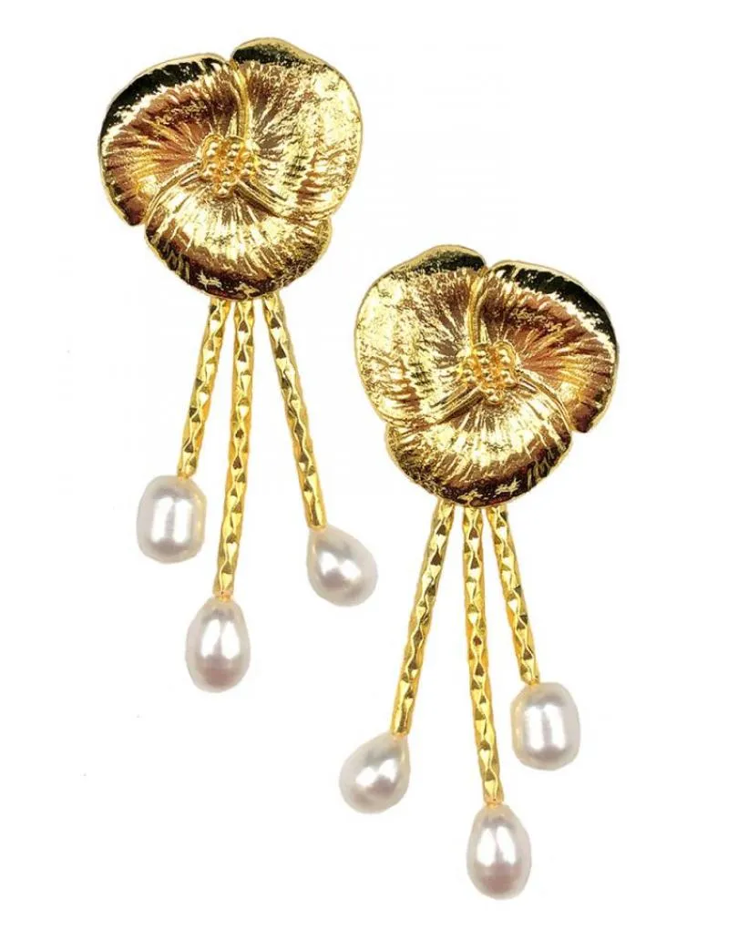 PENDIENTES DE MUJER DORADOS LARGOS DISEÑO DE FLOR Y PERLAS