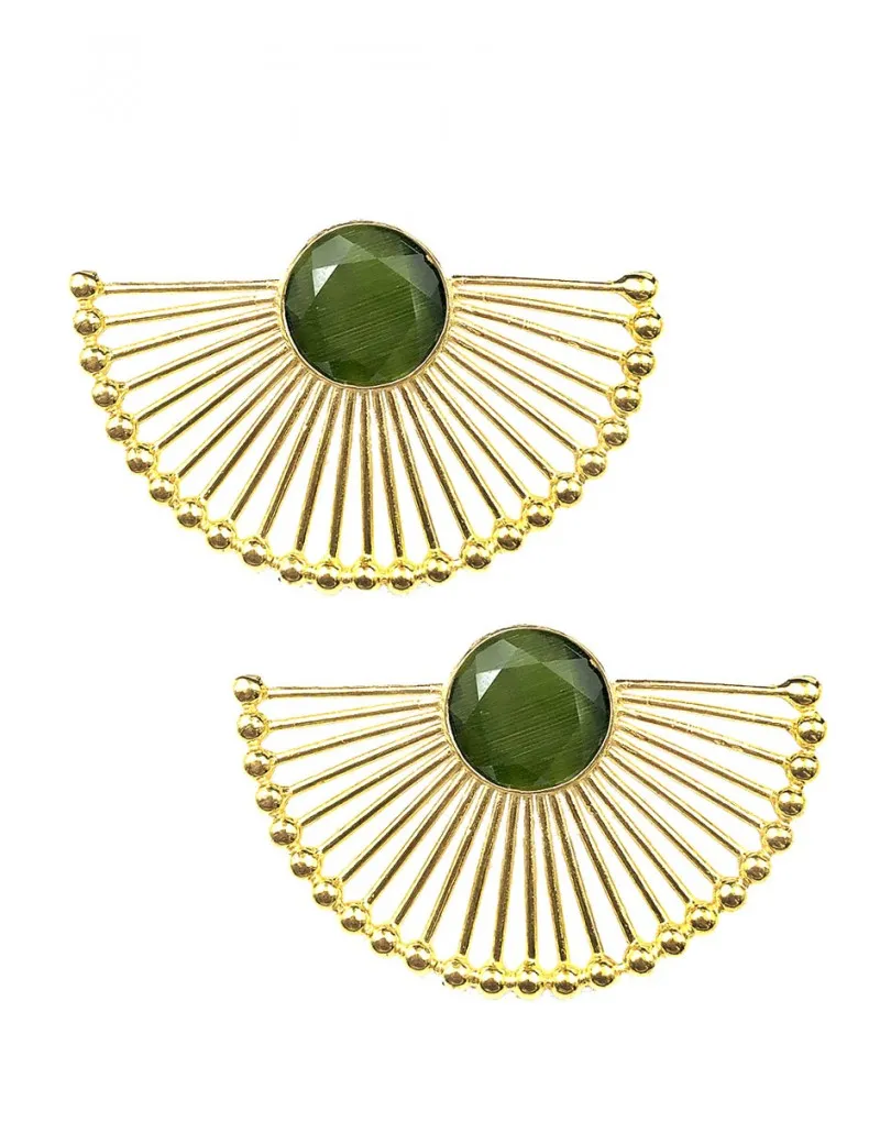 PENDIENTES DORADOS CON PIEDRA VERDE DE ALTA BISUTERÍA Y DISEÑO DE ABANICO