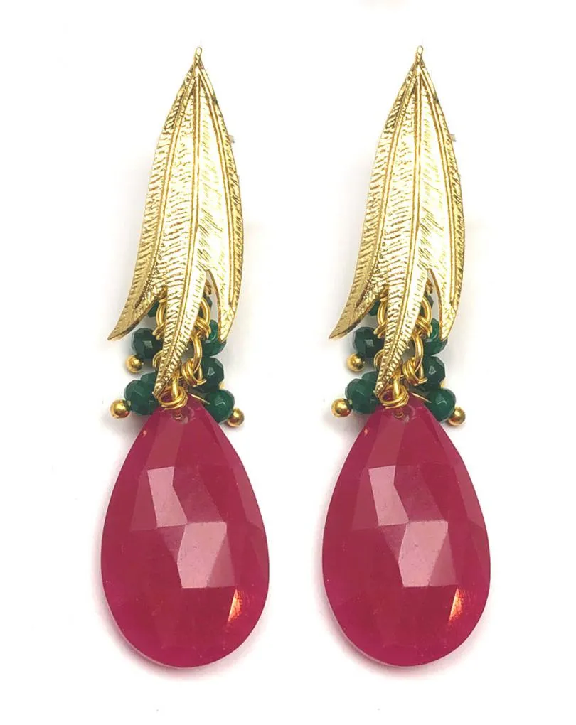 PENDIENTES FUCSIAS TONO CEREZA DISEÑO DE PIEDRAS SEMIPRECIOSAS
