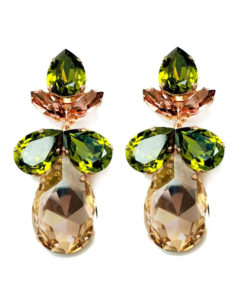 PENDIENTES GRANDES ORO ROSA Y VERDE CRISTAL SWAROSVKI  PARA FIESTA EVENTOS Y ESPECTACULOS