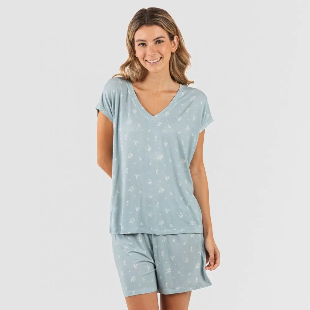 Pijama corto manga fluida viscosa mujer Adriane verde agua