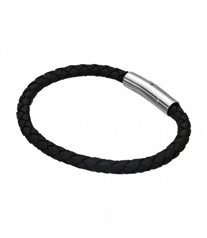 Pulsera cuero negro trenzado circular 6mm Inox BRS01K