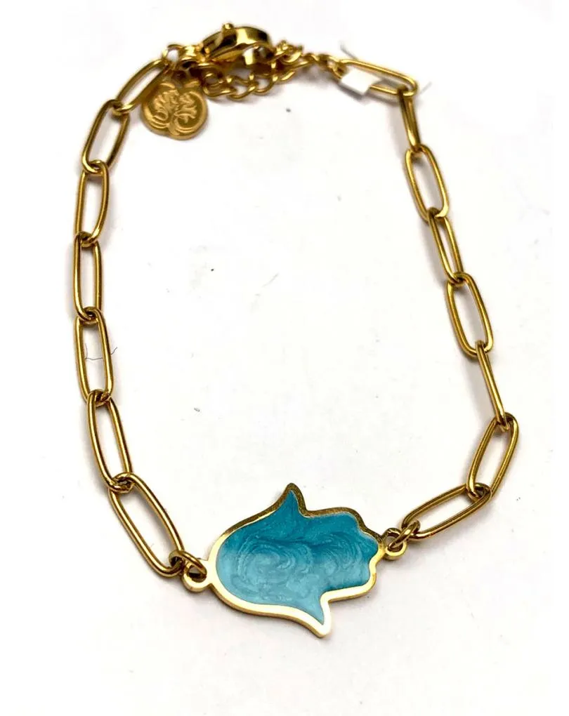 PULSERAS DORADAS CON MANO DE FATIMA EN TONO AZUL