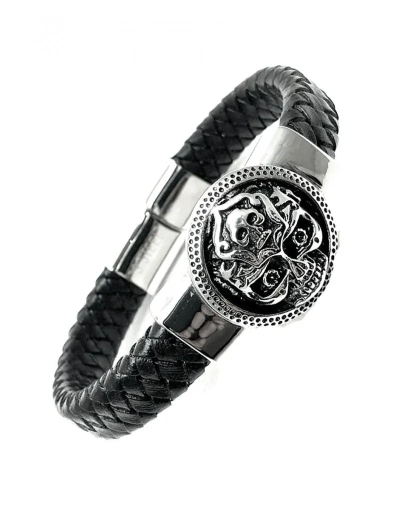PULSERAS HOMBRE DE ACERO Y CUERO CON ADORNO DE CALAVERA MEJICANA