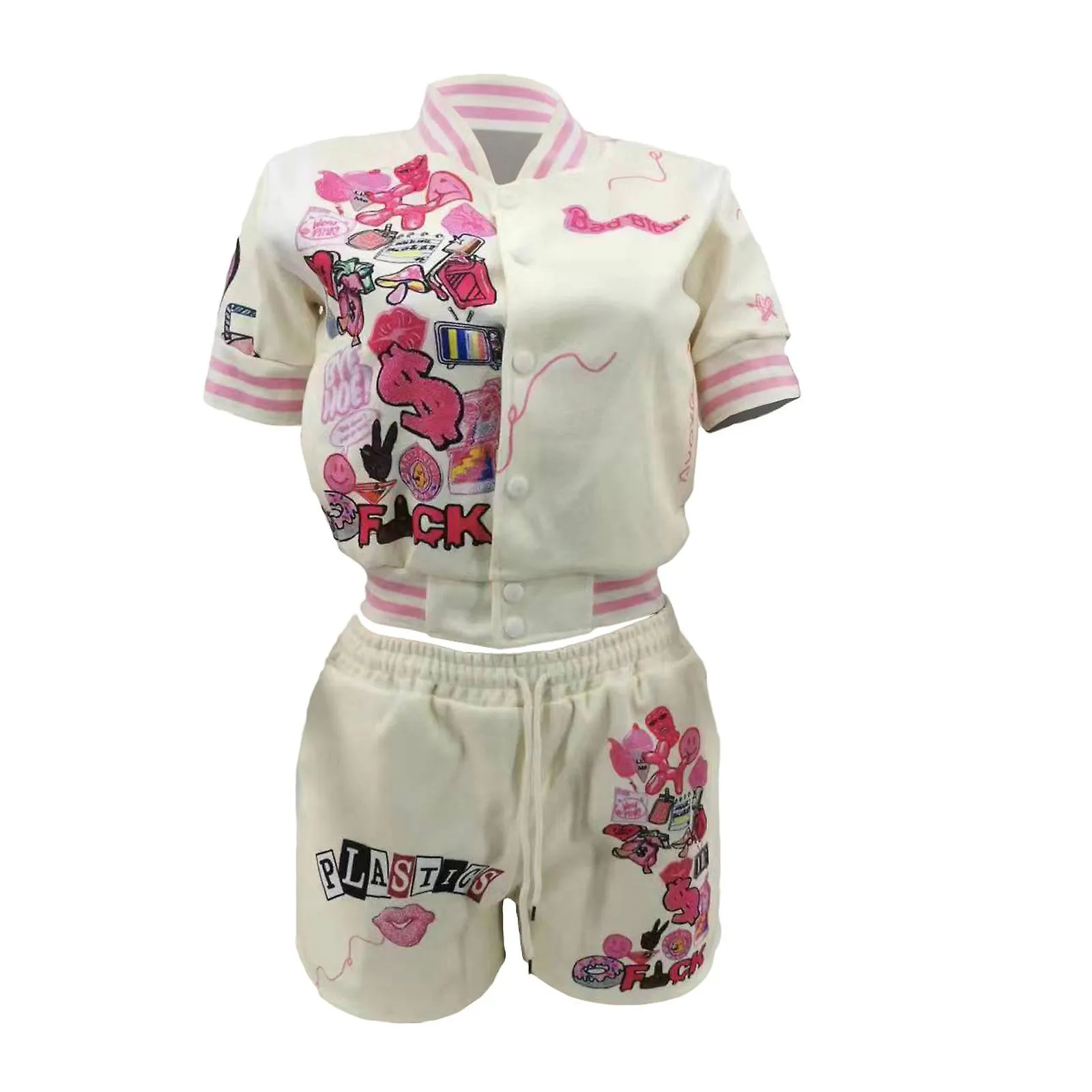 ROPA CASUAL DE 2 PIEZAS DE MUJER ESTAMPADO DE MANGA CORTA CROP Y SHORTS CONJUNTO CHáNDALES MONOS S  2XL