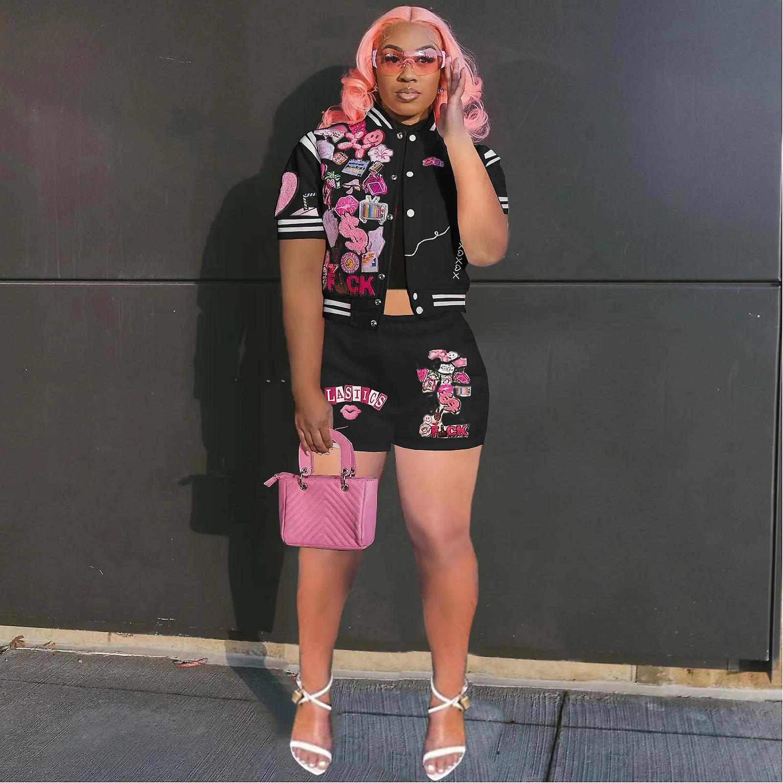 ROPA CASUAL DE 2 PIEZAS DE MUJER ESTAMPADO DE MANGA CORTA CROP Y SHORTS CONJUNTO CHáNDALES MONOS S  2XL