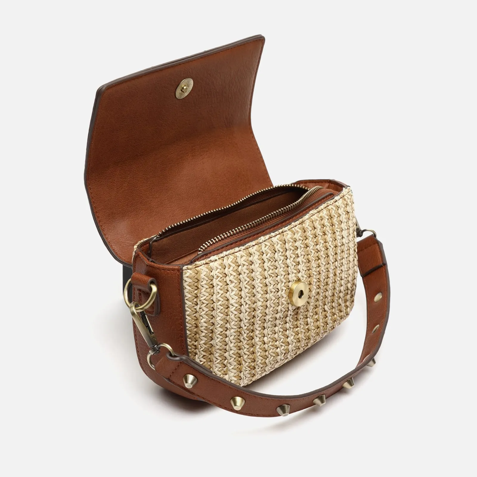 Sace bolso mini de hombro y bandolera efecto rafia con detalles metálicos