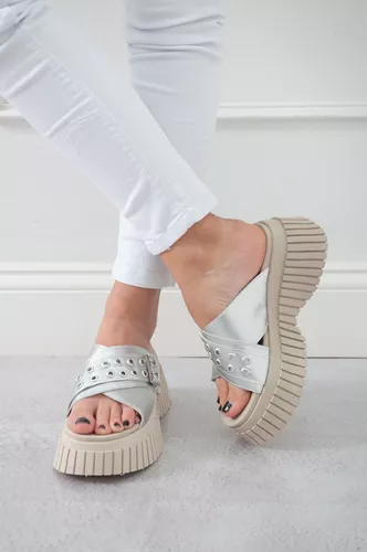 Sandalias De Mujer Plataforma Moda Eco Cuero Plateado