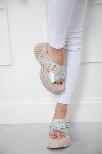 Sandalias De Mujer Plataforma Moda Eco Cuero Plateado
