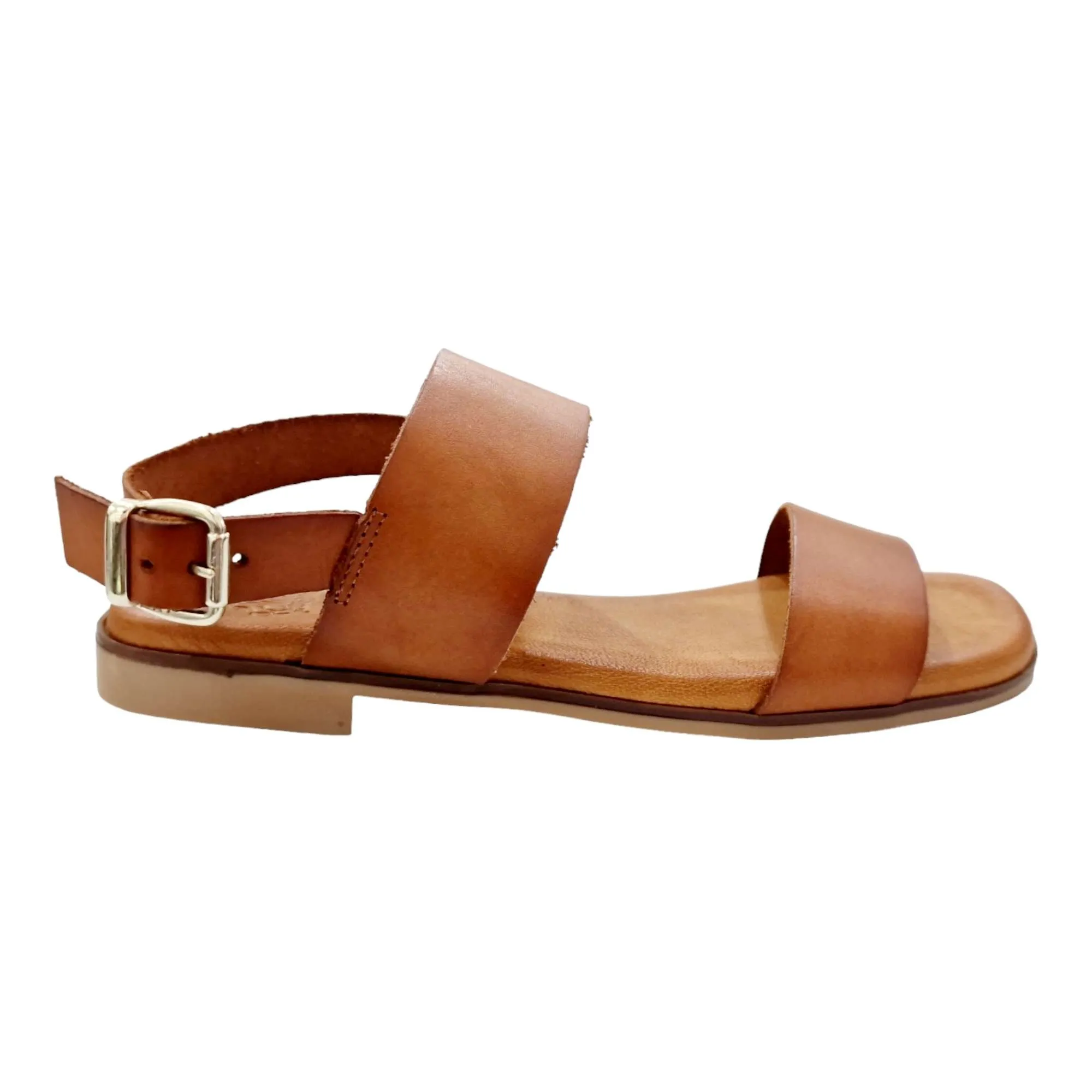 SANDALIAS MUJER PLANAS DOS TIRAS Y TALÓN CUERO CUERO