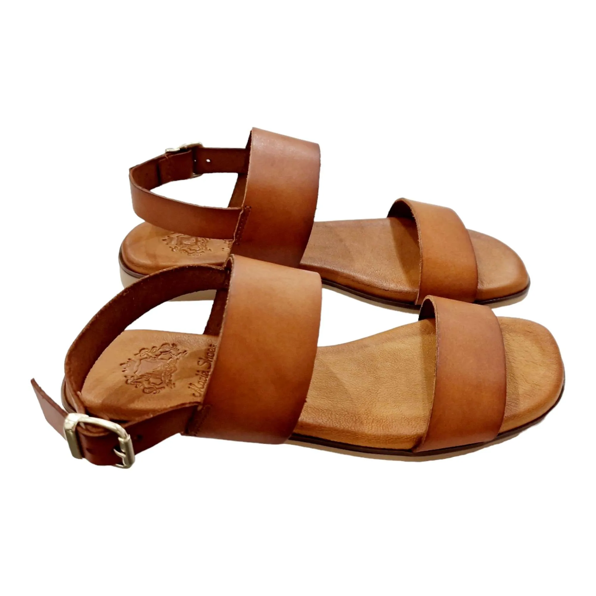 SANDALIAS MUJER PLANAS DOS TIRAS Y TALÓN CUERO CUERO